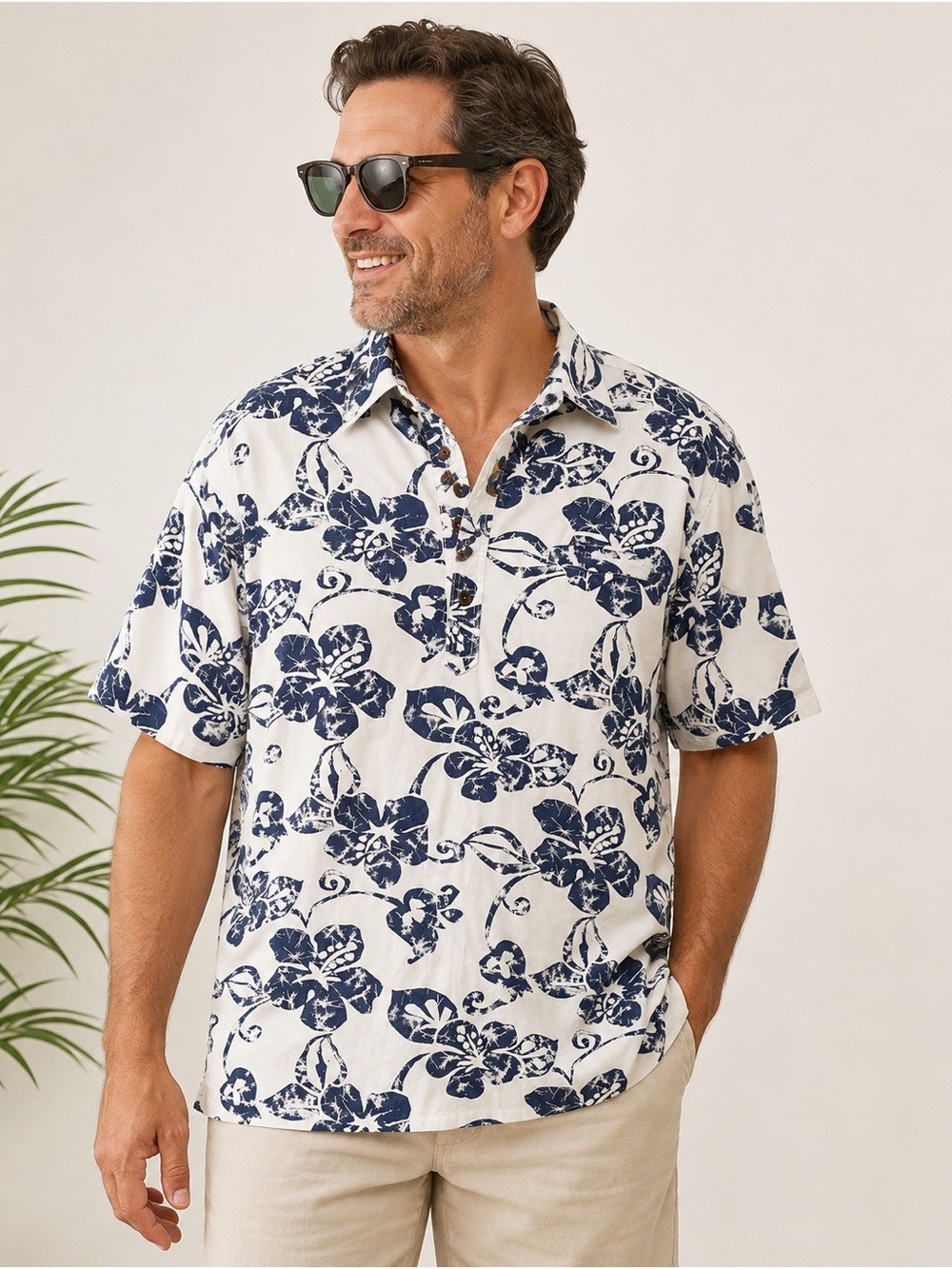 Sunset Trading Co Hawaiian Shirt Mens XL White Blue Floral Aloha Camp Shirt USA